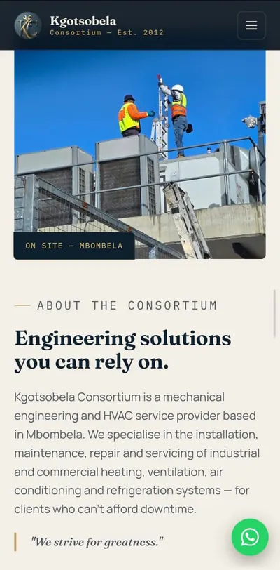 Kgotsobela Consortium website on mobile, built by Kasisite Mobile screenshot of the Kgotsobela Consortium HVAC engineering website built by Kasisite, showing technicians working on air conditioning units on a rooftop in Mbombela